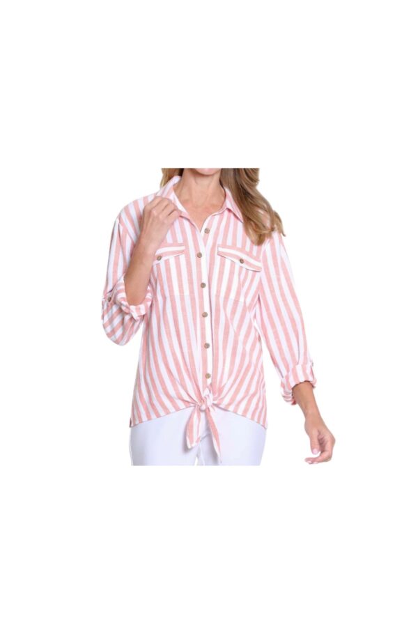 MULTIPLES MELON STRIPED TIE FRONT BLOUSE