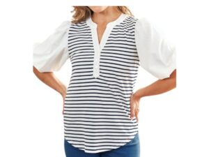 HAILEY & CO STRIPED HENLEY PUFF SLEEVE TOP