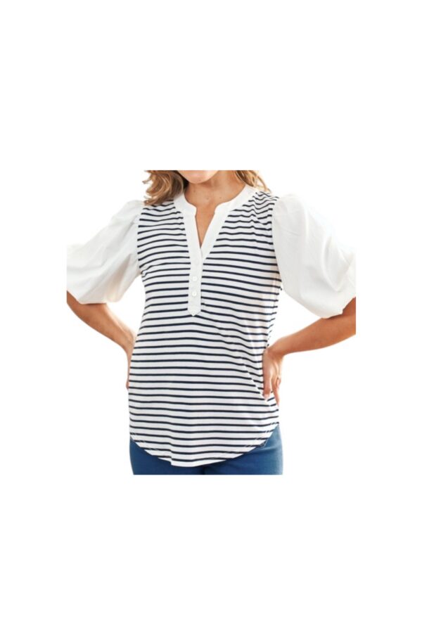 HAILEY & CO STRIPED HENLEY PUFF SLEEVE TOP