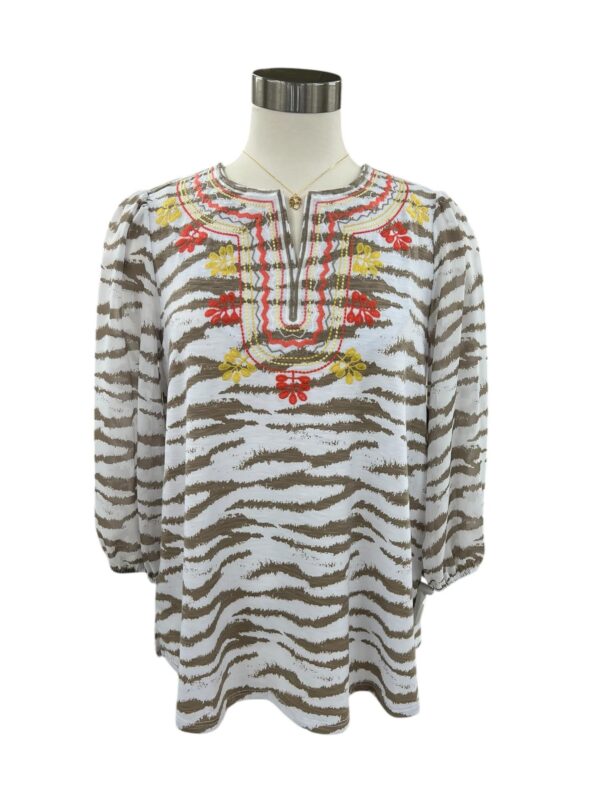 MULTIPLES 3/4 SLEEVE EMBROIDERED NOTCH NECK TOP - Image 3