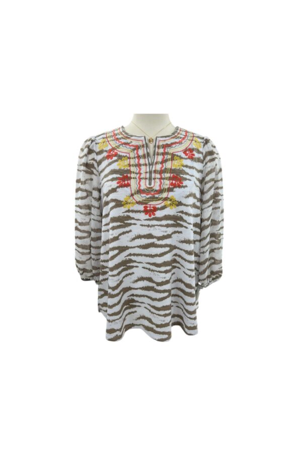 MULTIPLES 3/4 SLEEVE EMBROIDERED NOTCH NECK TOP