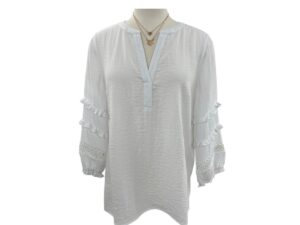 MULTIPLES 3/4 RUFFLE TRIM SLEEVE WOVEN TOP