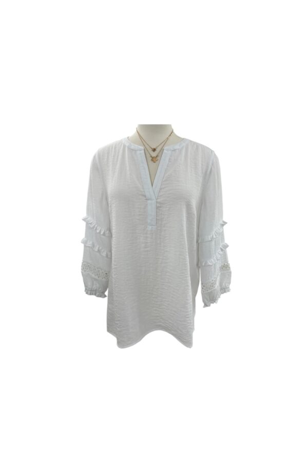 MULTIPLES 3/4 RUFFLE TRIM SLEEVE WOVEN TOP