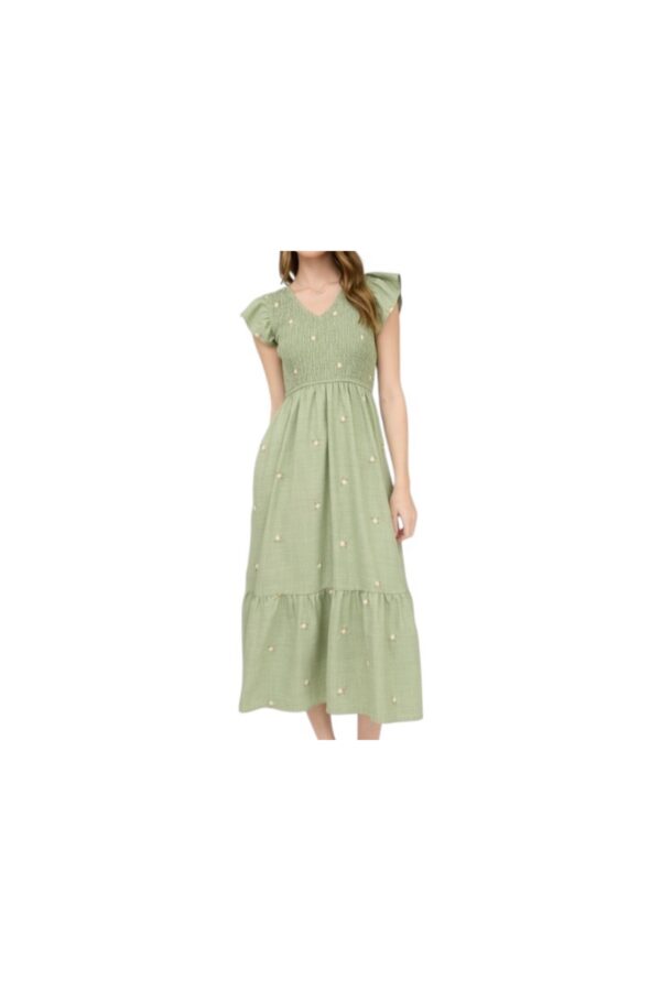 BLUPEPPER EMBROIDERED FLOWER SMOCKED BODICE MIDI