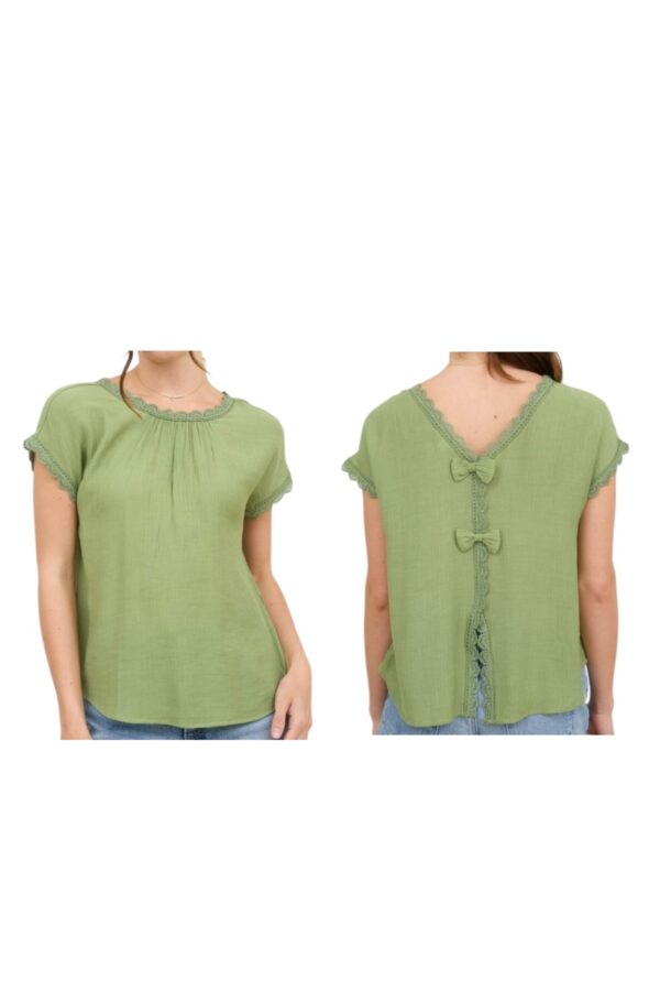 BLUPEPPER LACE TRIM BOW BACK SHORT SLEEVE TOP