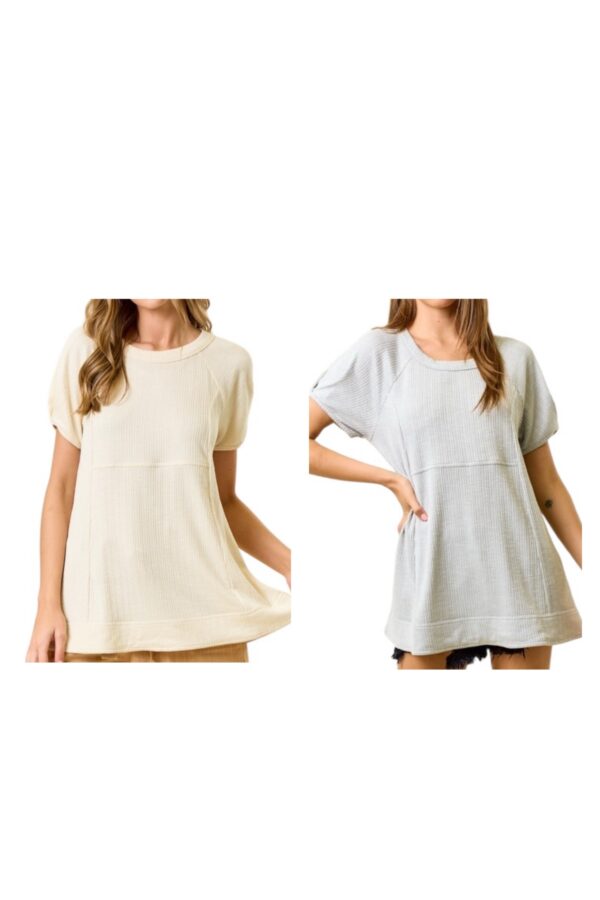DOE & RAE SEAMED ROUND NECK PUFF SLEEVE TOP