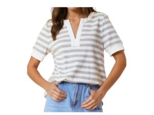 DOE & RAE SPLIT V STRIPED KNIT TOP