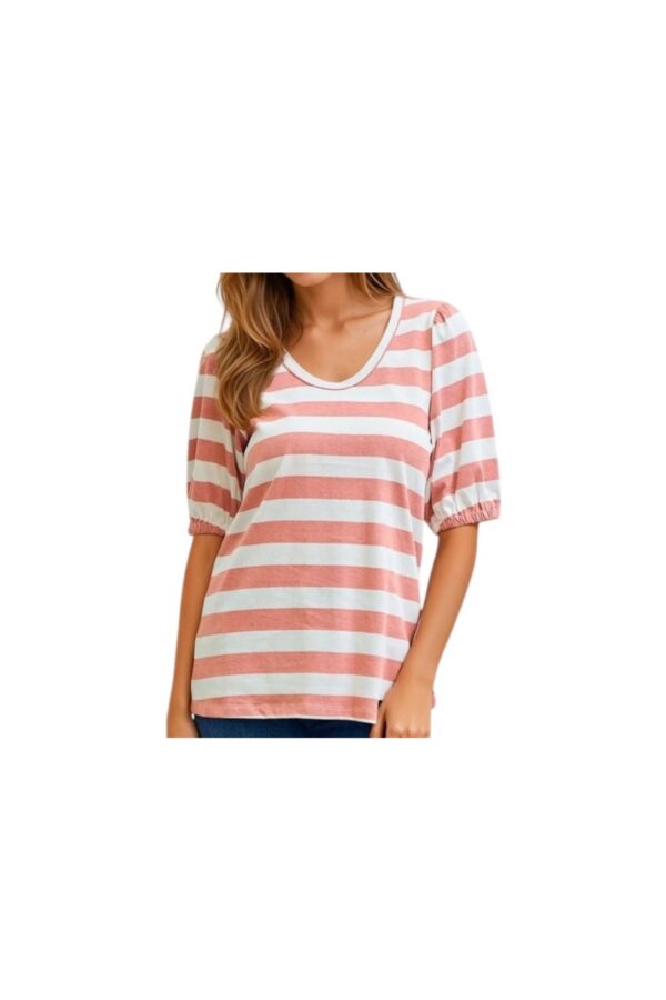 DOE & RAE SCOOP NECK STRIPED PUFF SLEEVE TOP