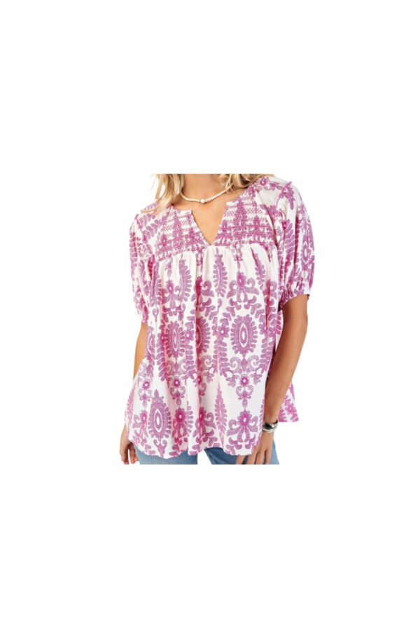 GIGIO SMOCKED SHOULDER PRINT TOP