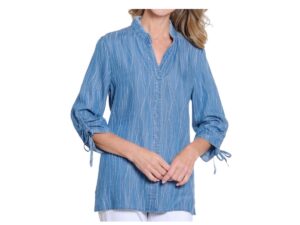 MULTIPLES BAND COLLAR PRINT DENIM SHIRT