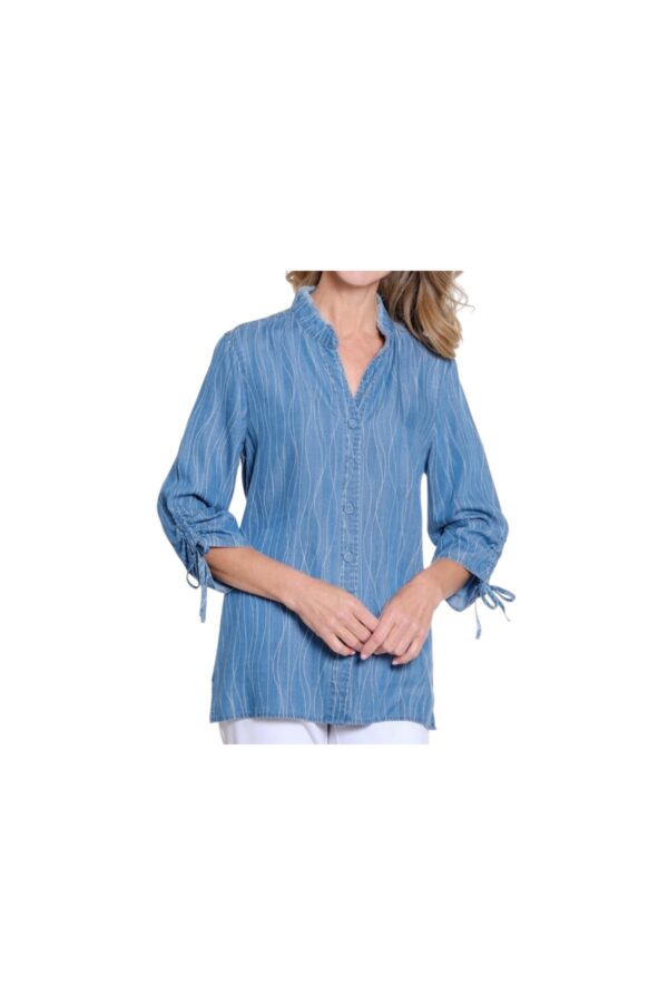 MULTIPLES BAND COLLAR PRINT DENIM SHIRT