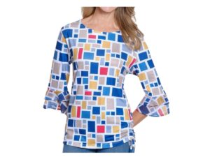 MULTIPLES PRINT SIDE RUCHE FLOUNCE SLEEVE TOP