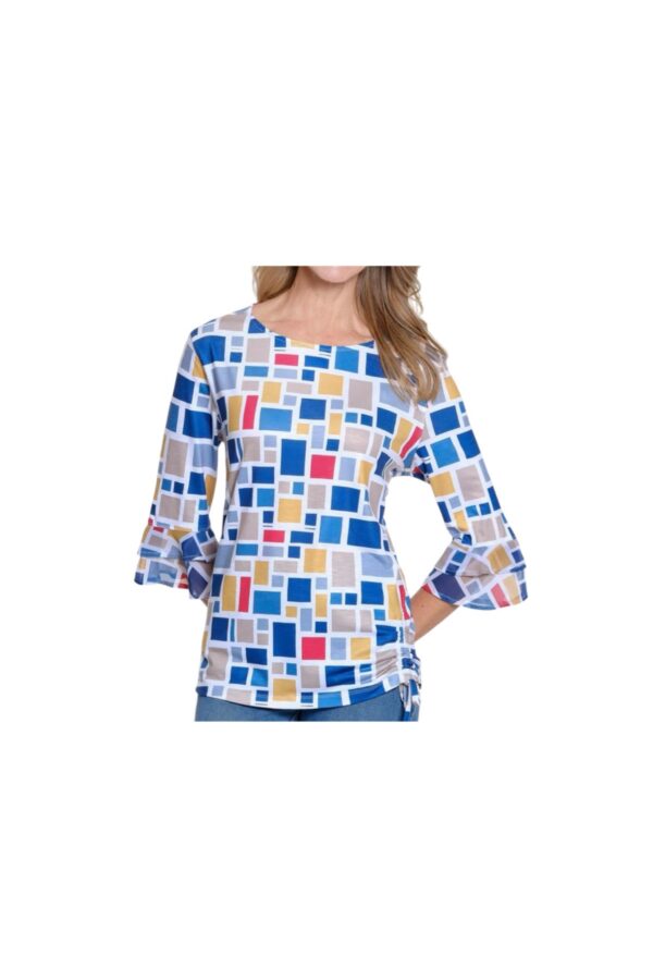 MULTIPLES PRINT SIDE RUCHE FLOUNCE SLEEVE TOP