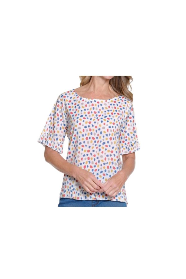 MULTIPLES PRINT RUFFLE FLOUNCE SLEEVE TOP