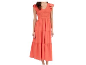 BLUPEPPER SMOCKED V-NECK CORAL MIDI DRESS