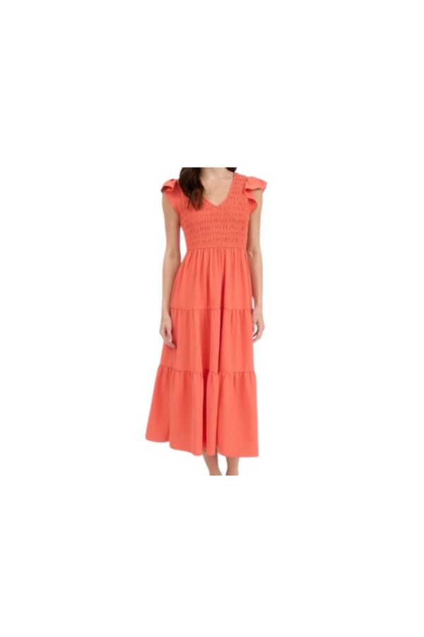 BLUPEPPER SMOCKED V-NECK CORAL MIDI DRESS