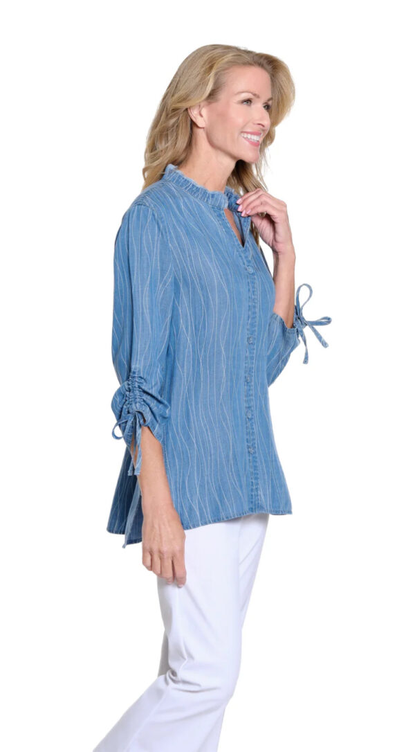 MULTIPLES BAND COLLAR PRINT DENIM SHIRT - Image 3