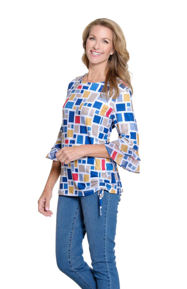 MULTIPLES PRINT SIDE RUCHE FLOUNCE SLEEVE TOP - Image 3