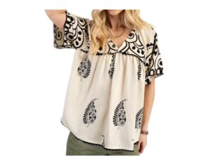 GIGIO SHORT SLEEVE V-NECK TOP WITH DECORATIVE TRIM