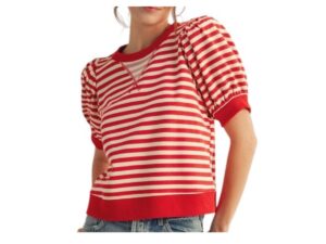 JODIFL STRIPED PUFF SLEEVE FRENCH TERRY TOP