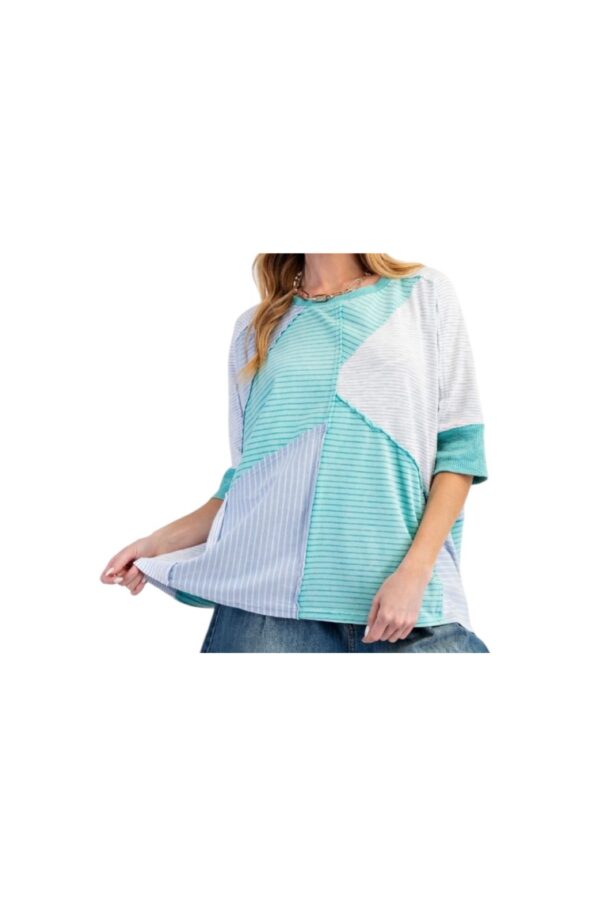 EASEL SHORT SLEEVE STRIPE MIX KNIT TOP