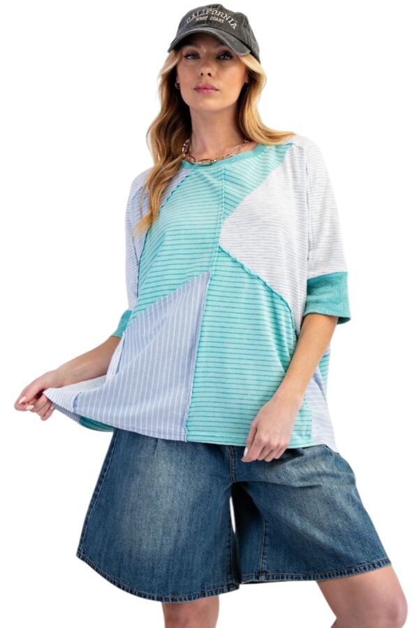 EASEL SHORT SLEEVE STRIPE MIX KNIT TOP - Image 2