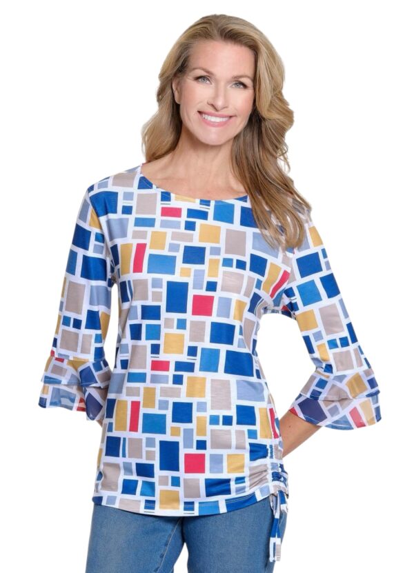 MULTIPLES PRINT SIDE RUCHE FLOUNCE SLEEVE TOP - Image 2