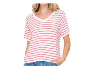 STACCATO V-NECK SHORT SLEEVE STRIPED LOOSE FIT SWEATER