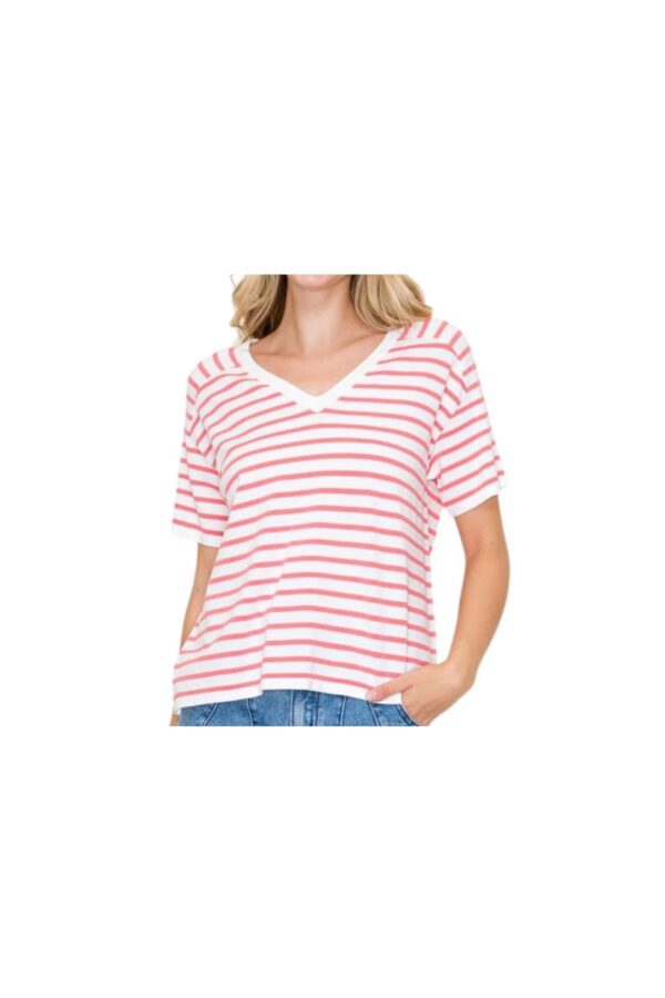 STACCATO V-NECK SHORT SLEEVE STRIPED LOOSE FIT SWEATER