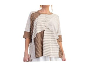 EASEL SHORT SLEEVE STRIPE MIX KNIT TOP
