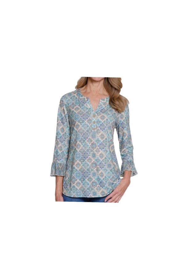 MULTIPLES PLEATED FLOUNCE SLEEVE Y-NECK TOP