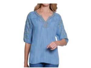MULTIPLES ELBOW/RAGLAN SLEEVE NOTCH NECK EMBROIDERED TOP