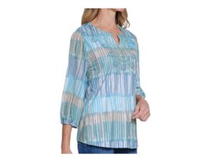 MULTIPLES 3/4 SLEEVE NOTCH NECK EMBROIDERED TOP