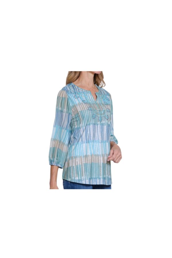 MULTIPLES 3/4 SLEEVE NOTCH NECK EMBROIDERED TOP