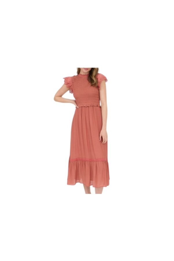 BLUPEPPER SMOCKED EYELET RUFFLE TRIM MIDI
