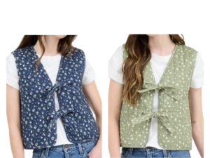 BLUPEPPER FLORAL QUILTED TIE FRONT VEST