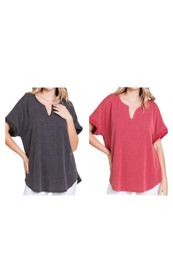JODIFL RIB KNIT NOTCH NECK SHORT SLEEVE TOP