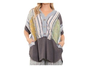 BLUE VELVET BLOCK PRINT BUTTON FRONT SHORT SLEEVE TOP