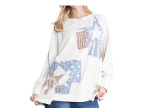 BLUE VELVET FRENCH TERRY LONG SLEEVE PATCHWORK TOP