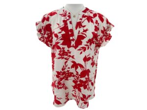 STACCATO NOTCH NECK SHORT SLEEVE WOVEN PRINT TOP