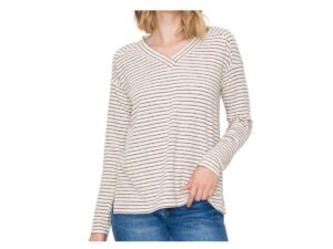 STACCATO V-NECK TEXTURED KNIT STRIPE TOP