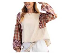EASEL LONG SLEEVE PLAID MIX MINERAL WASH TOP