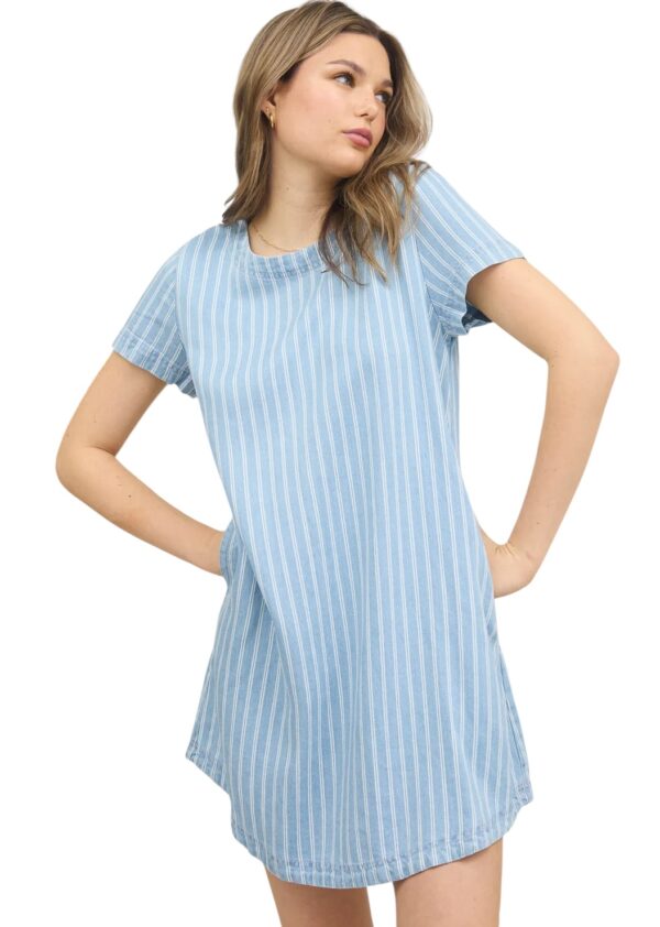 BLUPEPPER SHORT SLEEVE STRIPED CHAMBRAY BACK BUTTON DRESS - Image 6