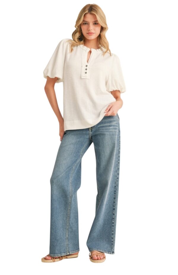 JODIFL TEXTURED KNIT PUFF SLEEVE HENLEY - Image 4