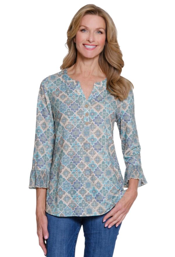 MULTIPLES PLEATED FLOUNCE SLEEVE Y-NECK TOP - Image 2