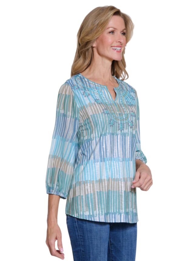 MULTIPLES 3/4 SLEEVE NOTCH NECK EMBROIDERED TOP - Image 2