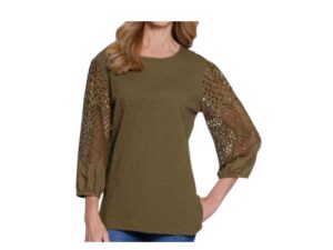 MULTIPLES MOSS GREEN EMBROIDERED SLEEVE SLUB KNIT TOP