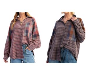 EASEL LONG SLEEVE PLAID MIX BUTTON FRONT TOP