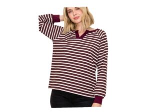 STACCATO LONG SLEEVE SPLIT NECK STRIPED KNIT TOP