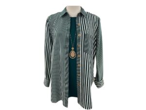 MULTIPLES DEEP GREEN BUTTON FRONT STRIPE SHIRT